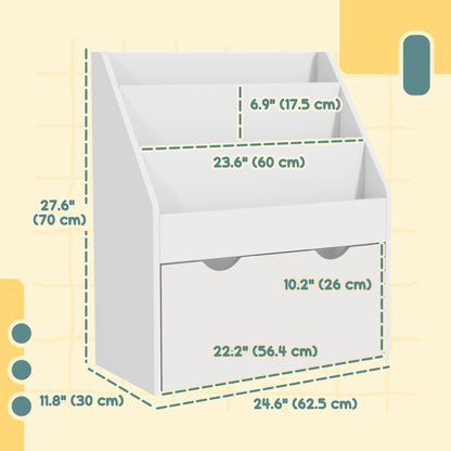 Kids Bookshelf with 3 Tier Display Shelves, Drawer for Nursery, White