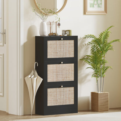 Rattan Shoe Cabinet: 3 Flip Drawers, Adjustable Shelves for 18 Pairs, Entryway/Hallway Organizer