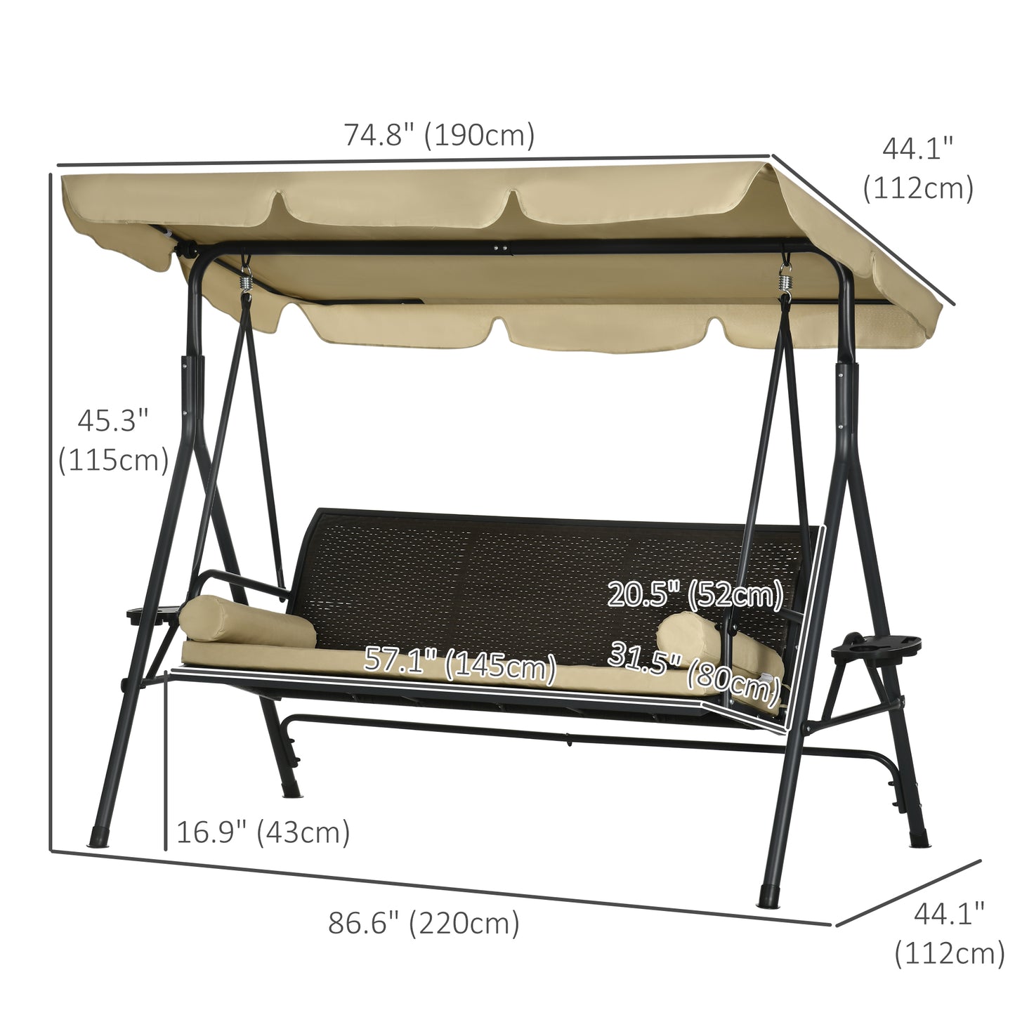 Outdoor 3-Seat Porch Swing with Canopy: Rattan Seat, Removable Cushion, Pillows, Steel Frame for Patio Comfort Kids Crystal