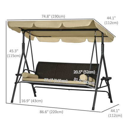 Outdoor 3-Seat Porch Swing with Canopy: Rattan Seat, Removable Cushion, Pillows, Steel Frame for Patio Comfort