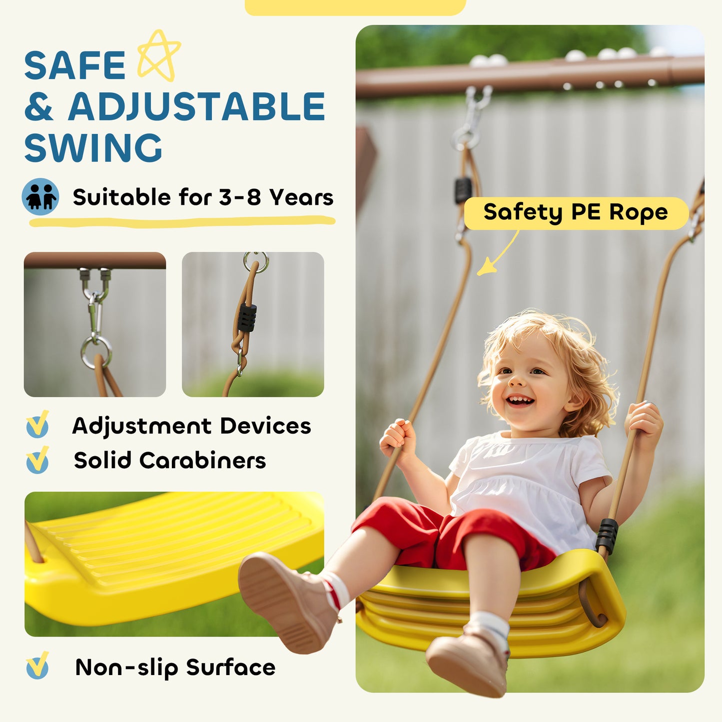 4-in-1 Kids Swing Set for Playground with Slide, Covered Fort, Climbing Ladder, Ground Stakes, for Kids Ages 3-8, Brown Kids Crystal