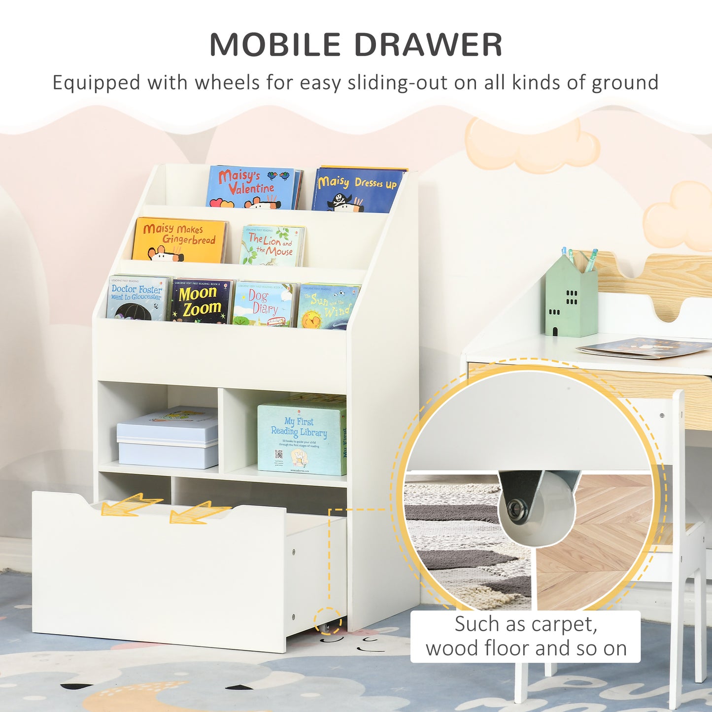 Kids Bookcase Multi Shelf Rack Organizer Storage Drawer Reading Nook Classroom Bedroom Playroom White Kids Crystal