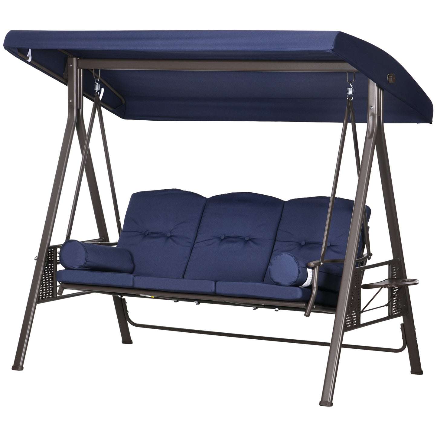 Outdoor Patio 3-Person Steel Canopy Cushioned Seat Bench Swing with Included Side Trays & Padded Comfort, Dark Blue Kids Crystal
