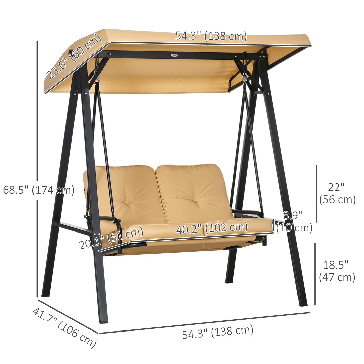 2-Seater Outdoor Porch Swing with Adjustable Canopy, Patio Swing Chair for Garden, Poolside, Backyard, Beige Kids Crystal