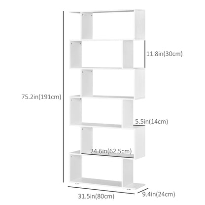 Curvaceous Storage: 6-Tier S-Shape Wooden Bookcase Display Divider Unit for Home Office, White Finish
