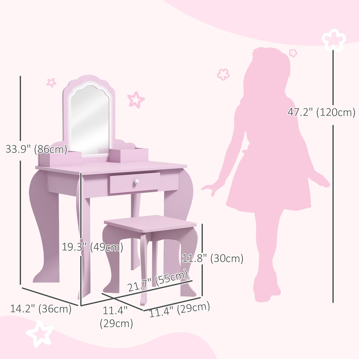 Cloud Vanity Set: Mirror, Stool, Drawer, Storage for 3-6 Years, Pink Kids Crystal