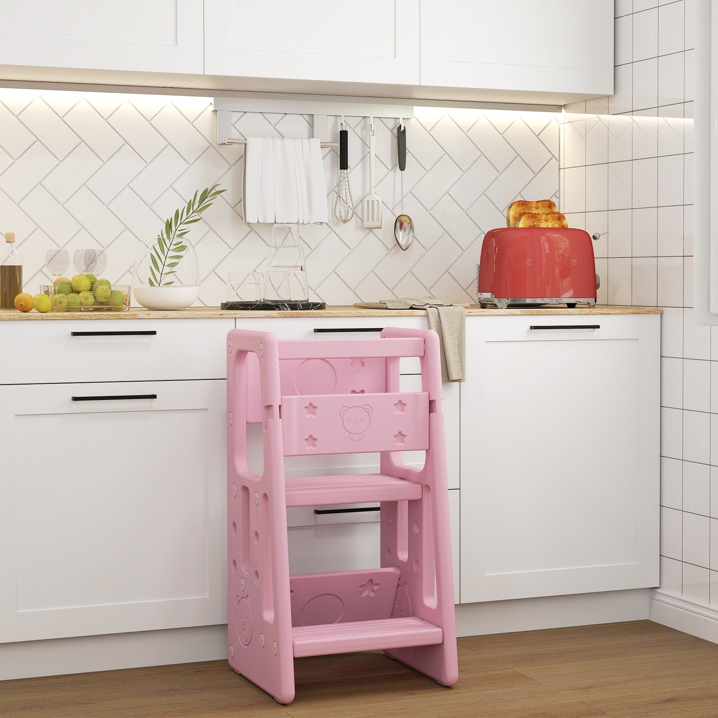 Toddler Kitchen Helper 2 Step Stool with Adjustable Height Platform and Safety Rail, Pink