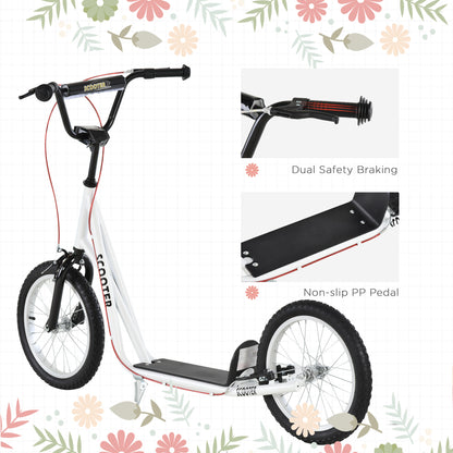Youth Kick Scooter: Adjustable Handlebar, Dual Brakes, Inflatable Wheels for Teens 5+ - White
