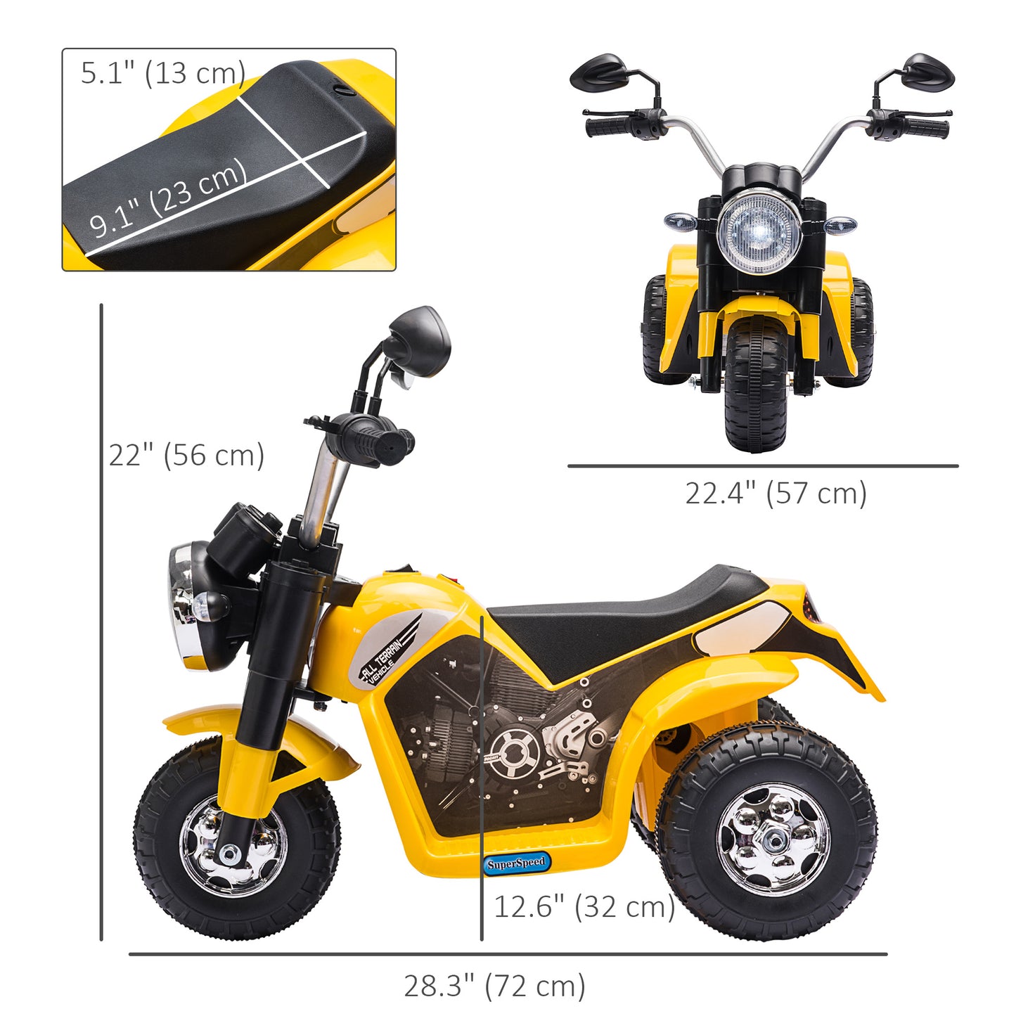 6V Electric Kids Motorcycle Ride-On Dirt Bike 3-Wheels with Horn Headlights Yellow for Toddlers Kids Crystal