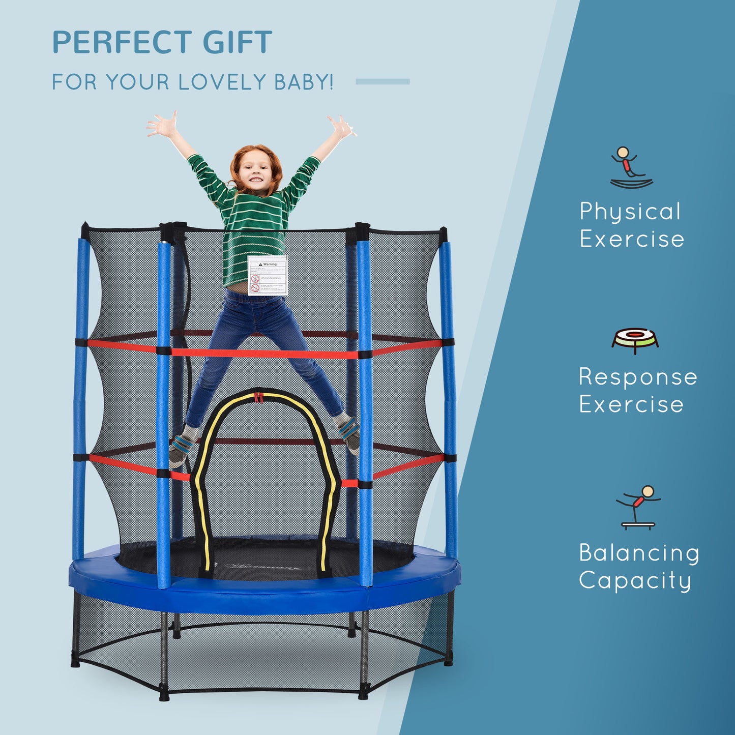 55" Kids Trampoline Enclosure Net Steel Frame Indoor Round Bouncer Rebounder 3-6 Years Blue Toy Kids Crystal