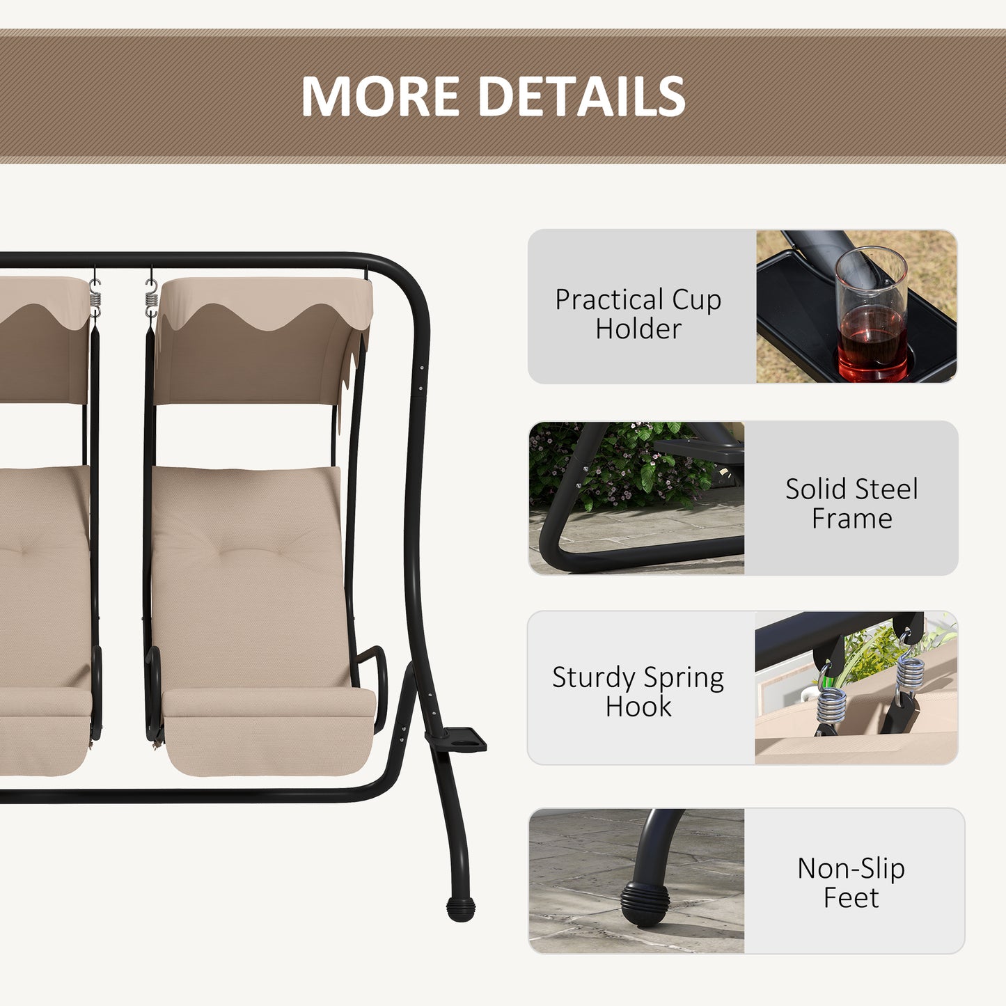 2-Seater Outdoor Porch Swing with Canopy, Patio Swing Chair for Garden, Poolside, Backyard, Beige Kids Crystal