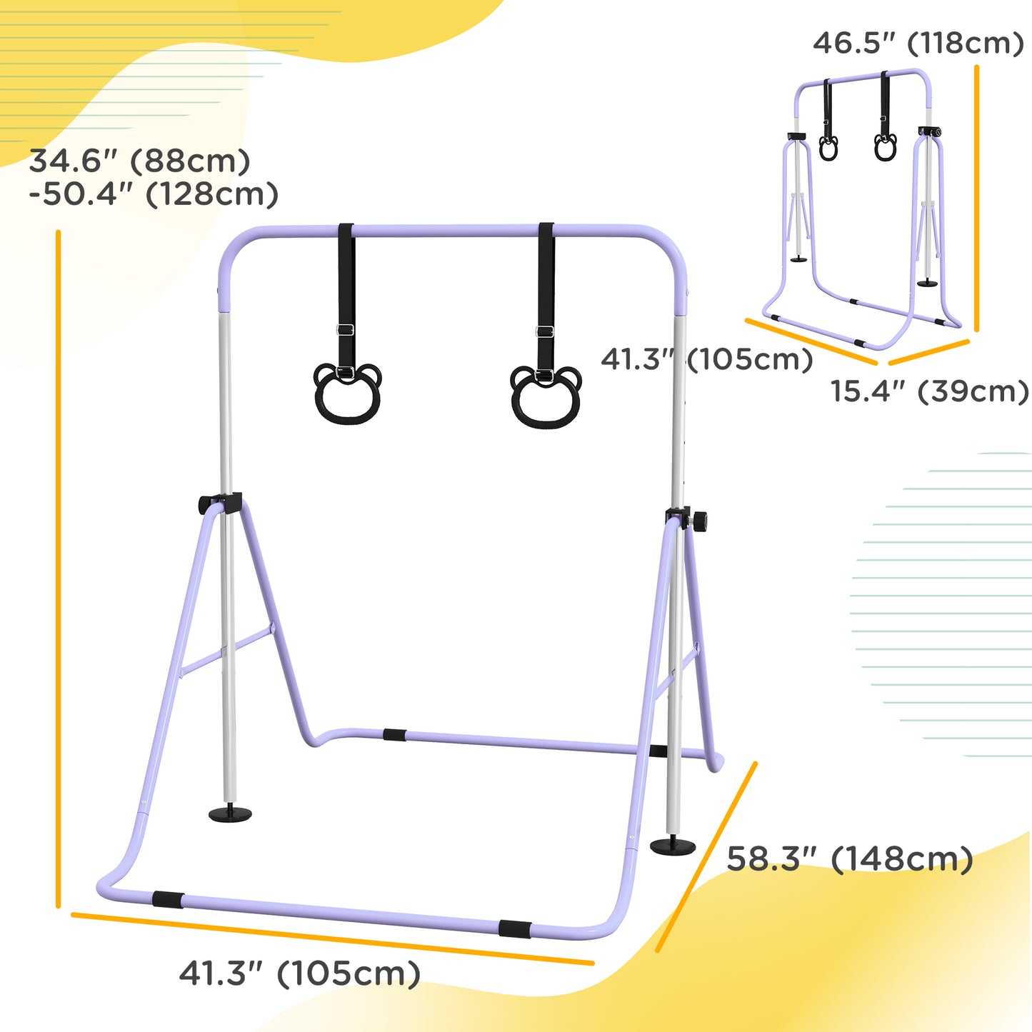 Kids Gymnastics Bar, Adjustable Height Folding Horizontal Bar with Gymnastics Rings, Non-slip Rubber Floor Rings, Purple Kids Crystal