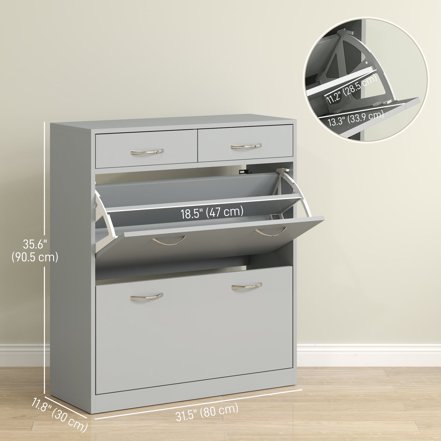 Narrow Shoe Storage with 2 Flip Drawers and Adjustable Shelves Shoe Organizer Cabinet for 12 Pairs of Shoes, Grey Kids Crystal