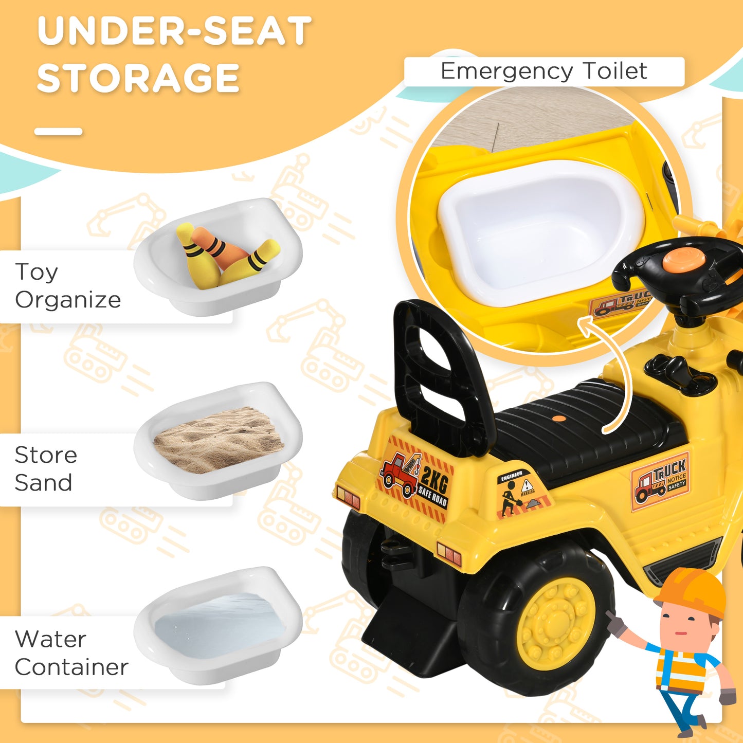 Ride On Excavator Toy No Power Digger Realistic Sound Grabber Under Seat Storage for 3-4 Years Old Kids Crystal