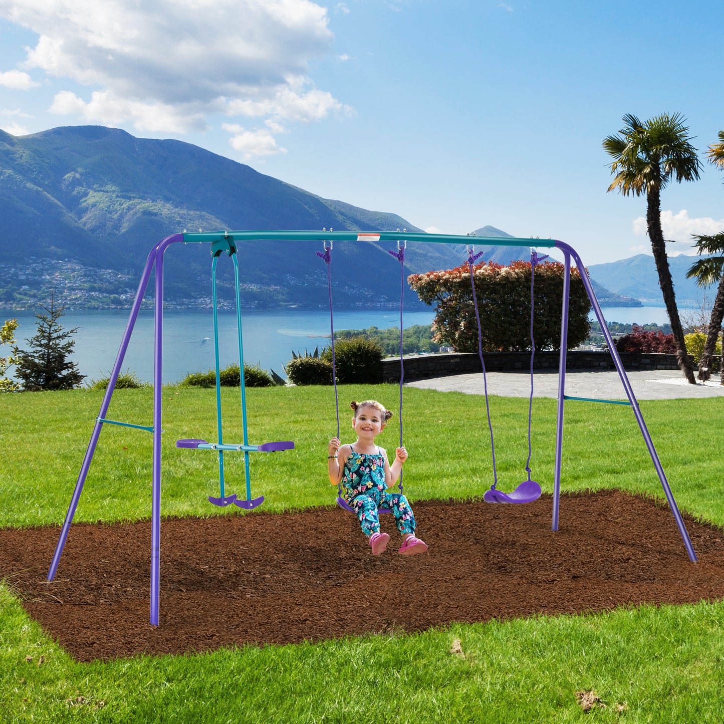 Swing Set for Kids with Glider, 2 Swing Seats, Heavy Duty A-Frame Metal Stand Outdoor Playground Playset, Purple Kids Crystal