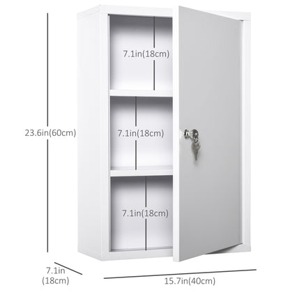 Secure Wall Medicine Cabinet: 3-Tier Lockable Steel Cabinet with 2 Keys for Bathroom Safety, White