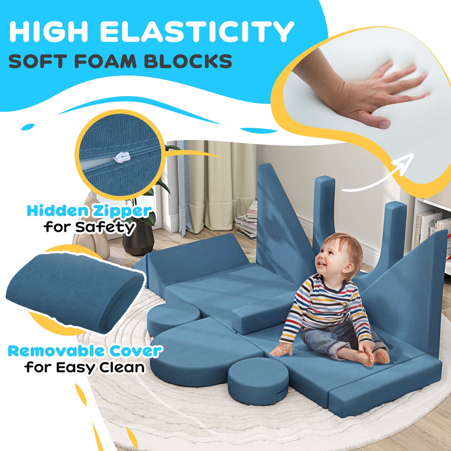 12-Piece Modular Kids Play Couch Building Fort for Playroom Bedroom, Convertible Kids Sofa, Blue