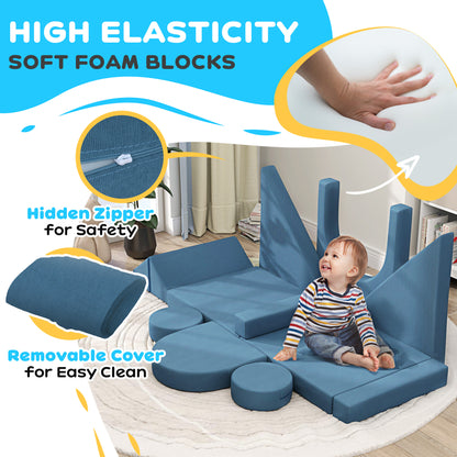 12-Piece Modular Kids Play Couch Building Fort for Playroom Bedroom, Convertible Kids Sofa, Blue