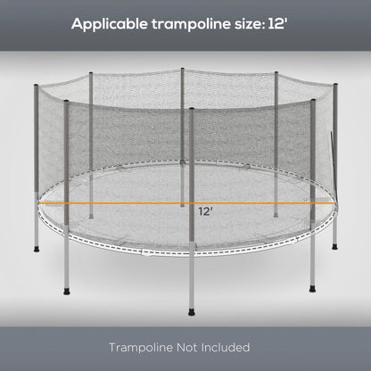12FT Trampoline Safety Net Enclosure with 8 Poles Replacement Protective Mesh Grey