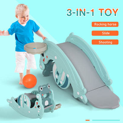 3-in-1 Kids Slide Rocking Horse Activity Equipment Portable Green for Ages 3-5