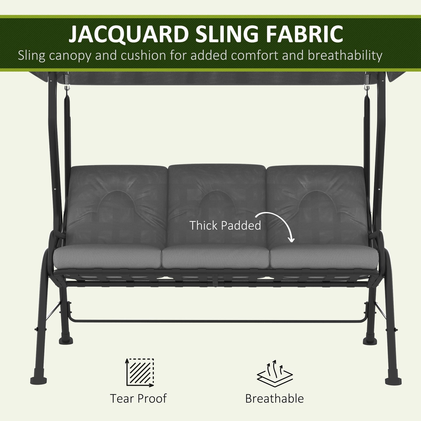 3-Person Patio Swing Chair with Canopy 3 Seater Porch Swing for Garden, Backyard, Poolside, Light Grey Kids Crystal