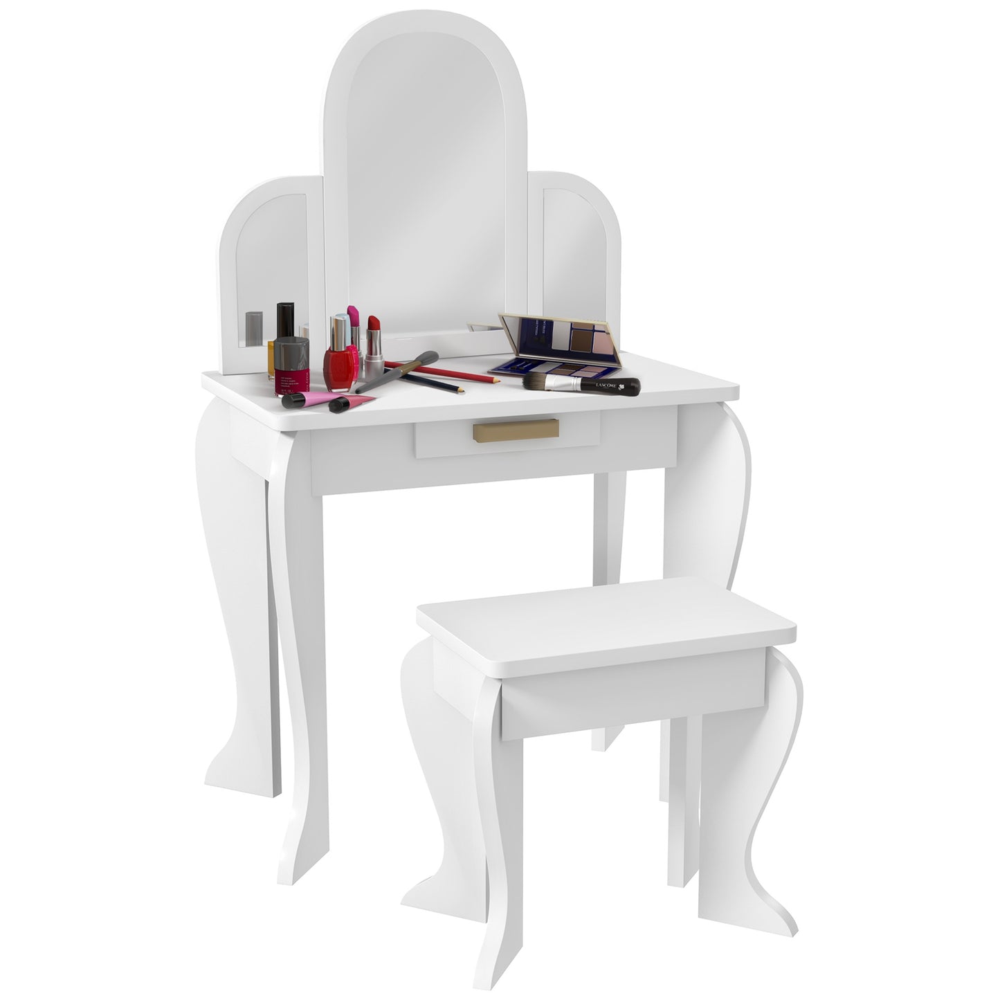 Kids Dressing Table and Chair Set, Girls Dressing Set, Makeup Desk with Drawer for 3-6 Years Old Kids, White Kids Crystal