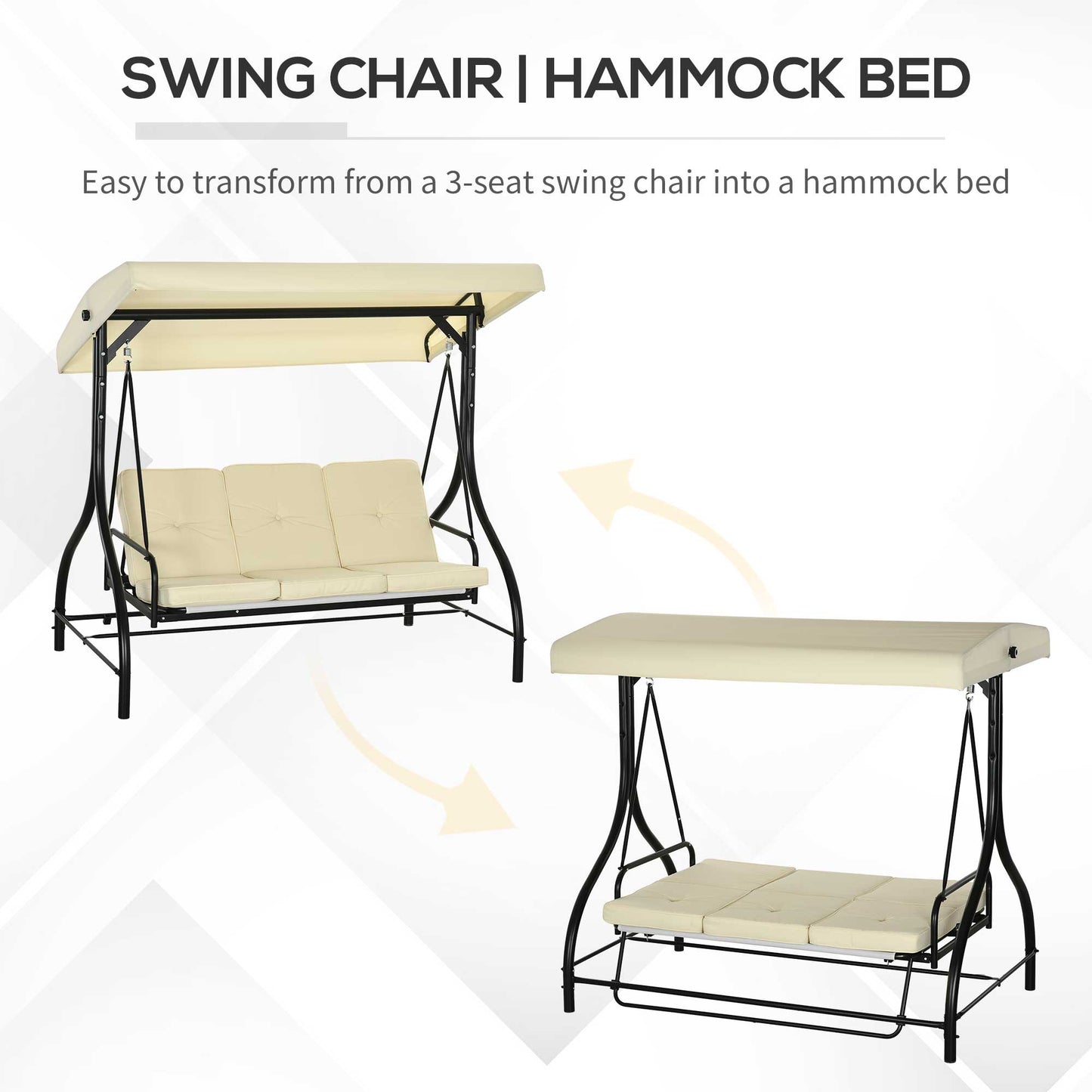 Convertible Patio Swing Bed with Canopy and Cushions, 3 Seater Porch Swing for Outdoor, Backyard, Garden, Beige Kids Crystal