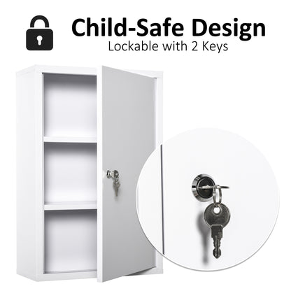 Secure Wall Medicine Cabinet: 3-Tier Lockable Steel Cabinet with 2 Keys for Bathroom Safety, White