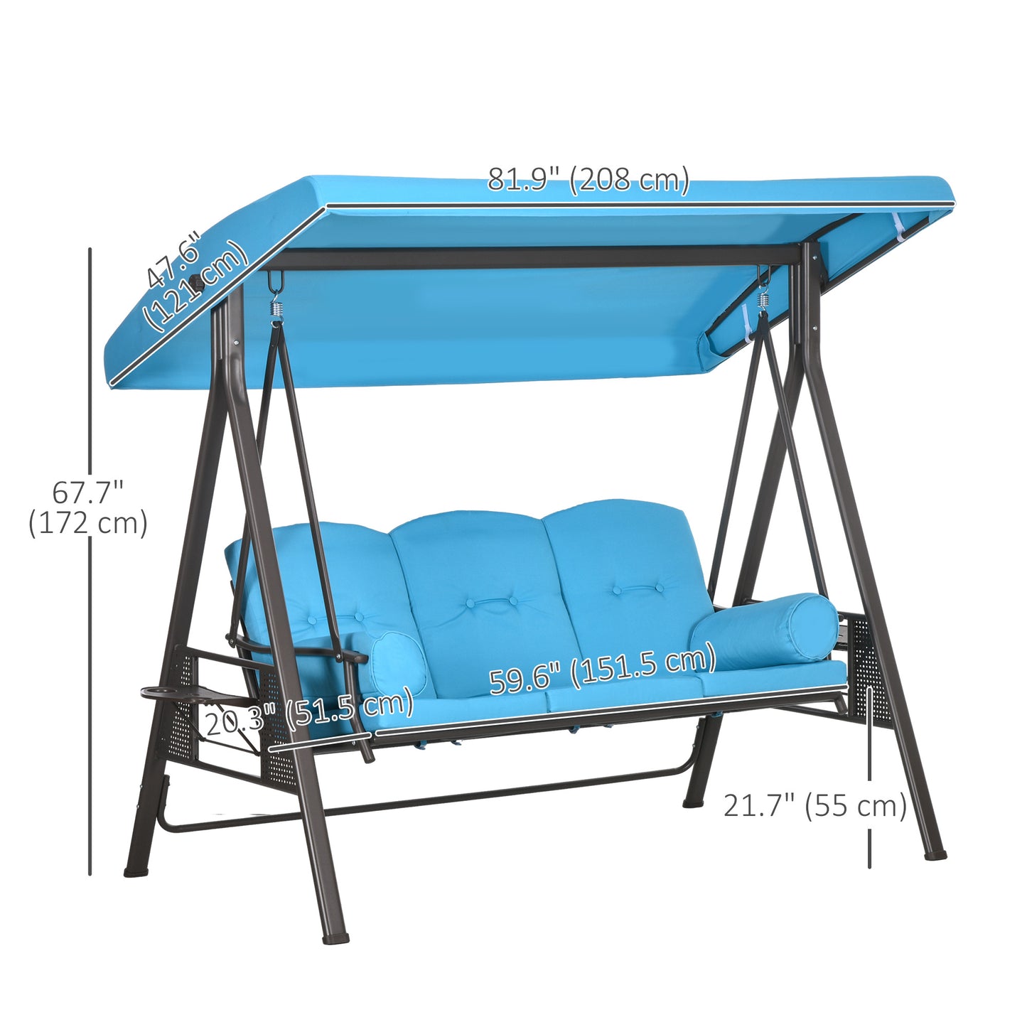 Outdoor Patio 3-Person Steel Canopy Cushioned Seat Bench Swing with Included Side Trays & Padded Comfort, Light Blue Kids Crystal
