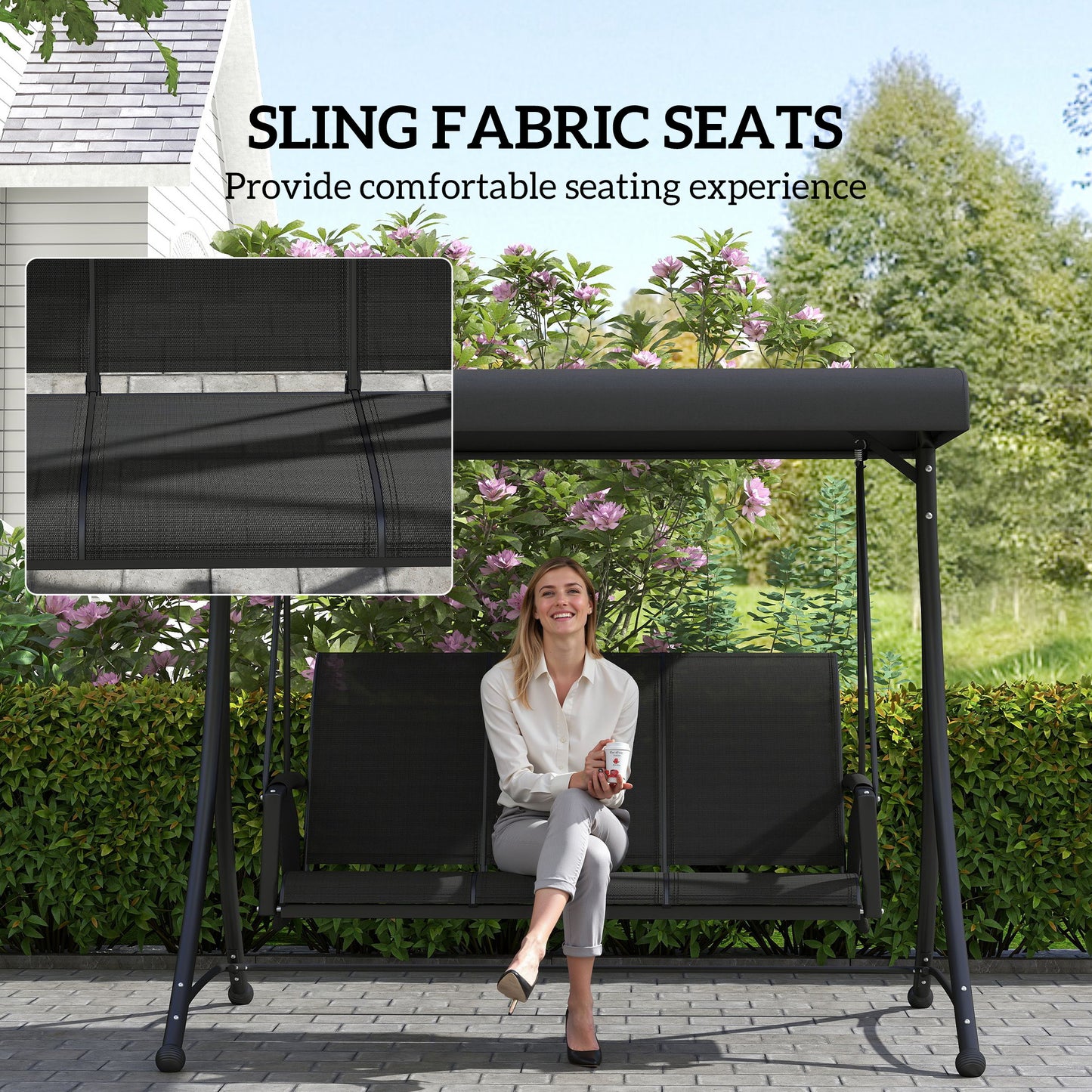 3 Person Outdoor Porch Swing Chair with Adjustable Canopy, Black Kids Crystal