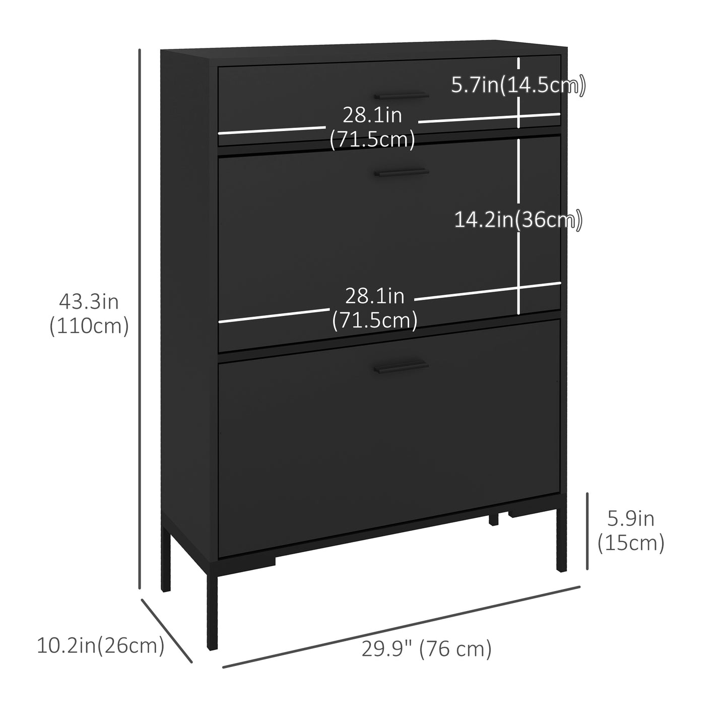 Modern Shoe Cabinet Storage 12 Pair Shoe Organizer with 2 Flip Doors Drawer and Adjustable Shelf Black Kids Crystal