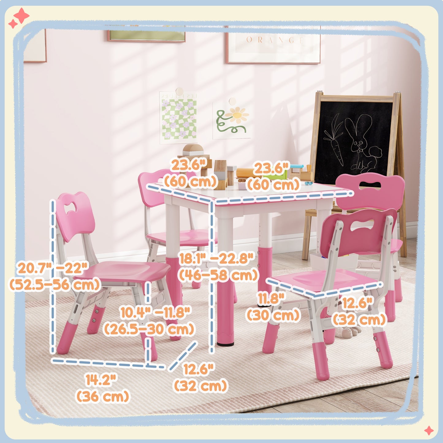 5 Piece Toddler Table Chair Set Height Adjustable Activity Set Nursery Classroom Playroom Furniture Pink