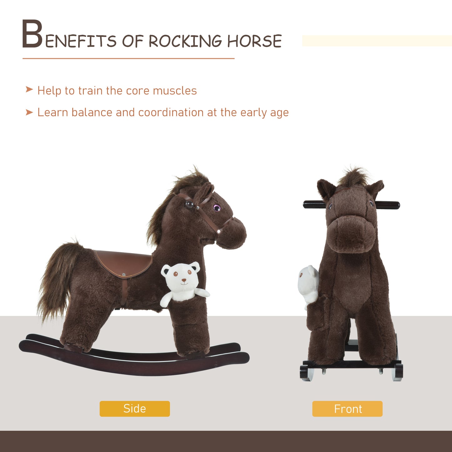 Children's Plush Rocking Horse - Cozy Bear Ride-On Toy with Realistic Sounds, Soft Seat for Kids, Brown Kids Crystal