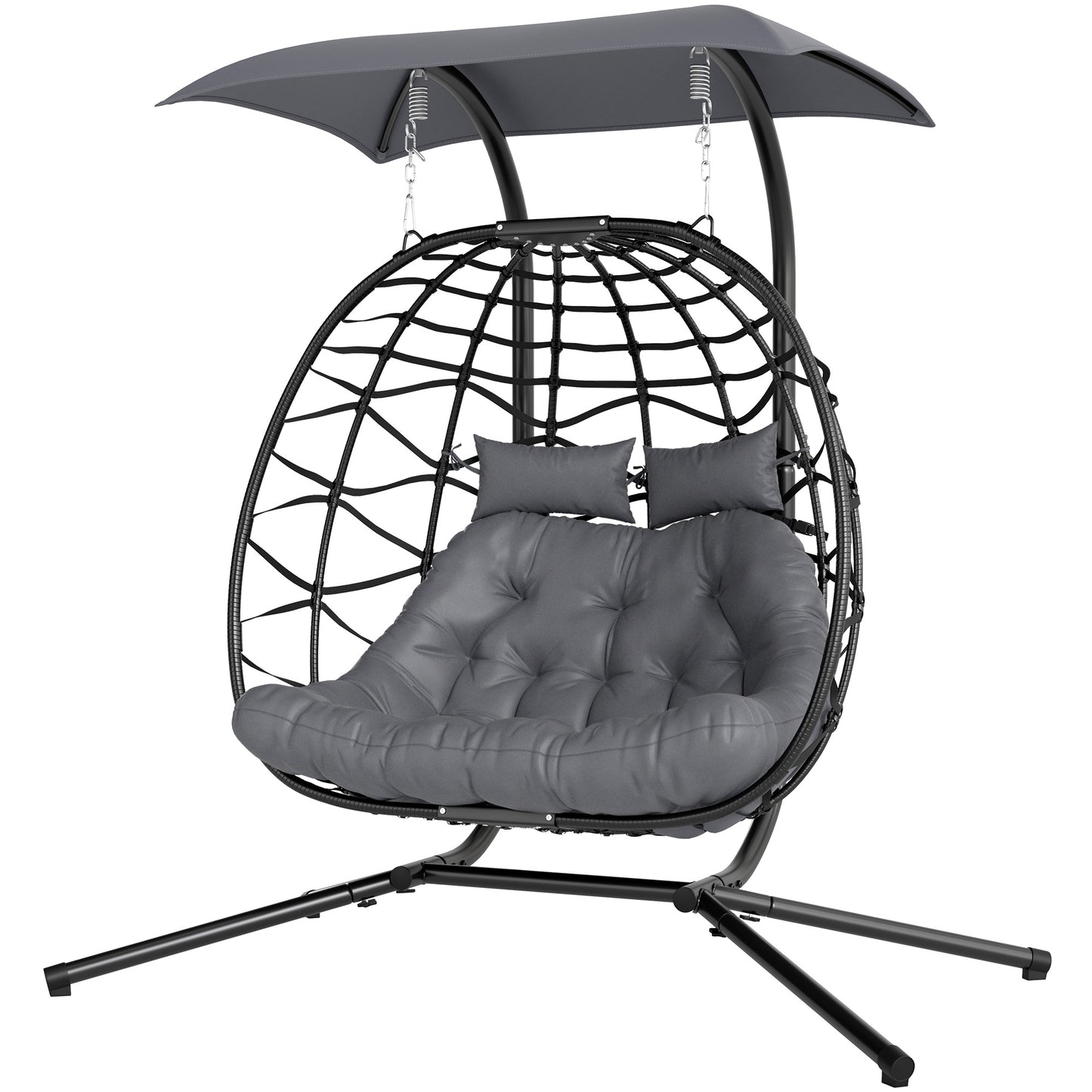 Double Wicker Egg Swing Chair with Canopy, Foldable Hanging Egg Chair with Stand Cushion Headrest, Black Kids Crystal
