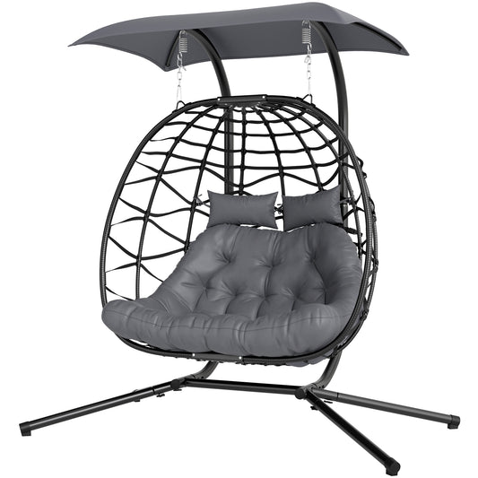 Double Wicker Egg Swing Chair with Canopy, Foldable Hanging Egg Chair with Stand Cushion Headrest, Black Kids Crystal