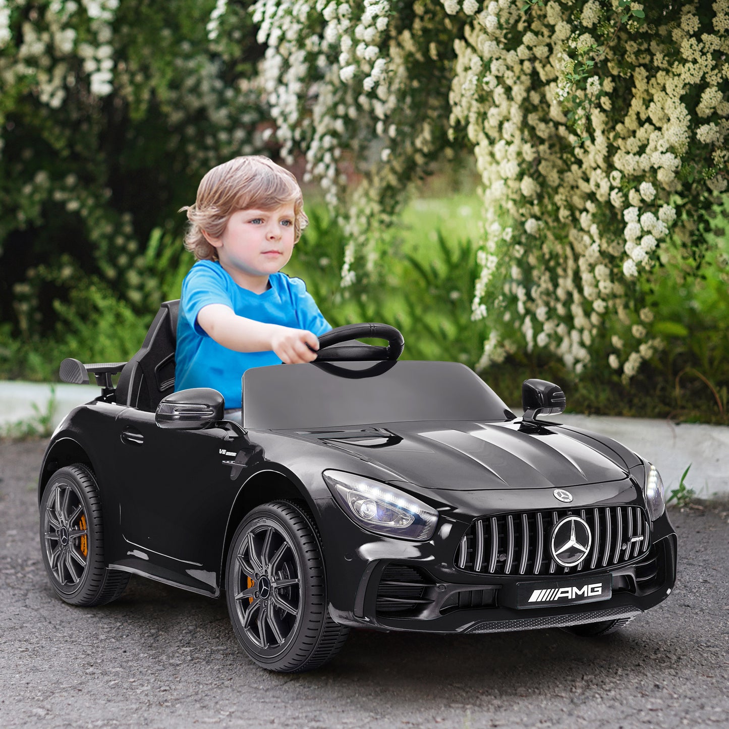 Mercedes-Benz AMG GTR Licensed 12V Battery Powered Kids Electric Car w/ Remote, Soft Start, Lights, Music Horn Black Kids Crystal