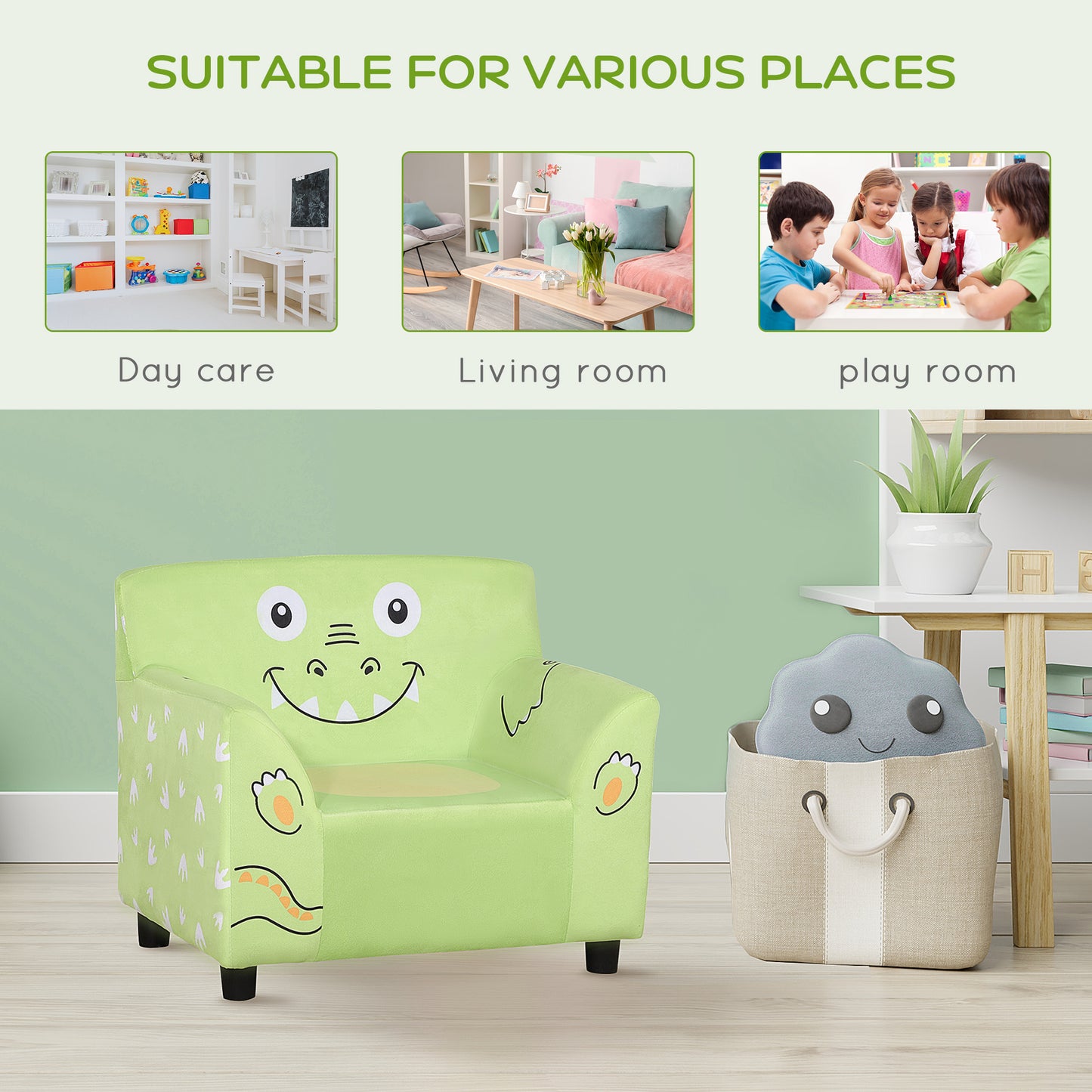Children's Sofa: Cozy Velvet Toddler Armchair, Eco-friendly Eucalyptus Wood - Green Kids Crystal