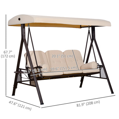 3 Seater Porch Swing Heavy Duty Outdoor Swing Chair Outdoor Lounge Hammock Cushioned Seat with Tilt Canopy, Beige