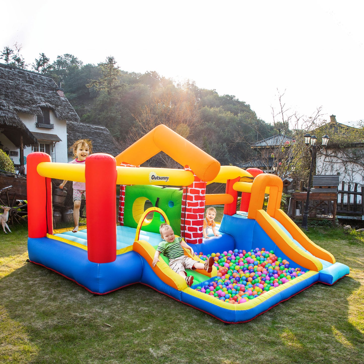 4-in-1 Castle Bounce House for Kids Extra Large Dual Slides Trampoline Carry Bag Air Blower Kids Crystal