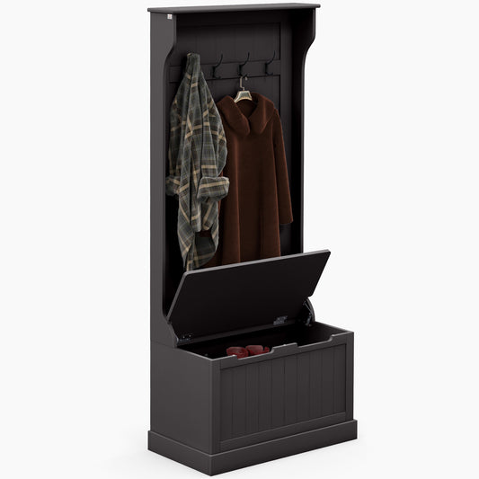 3-In-1 Hall Tree with Coat Rack, Shoe Storage and Bench Seat, Entryway Bench with 4 Hooks for Hallway, Living Room, Black