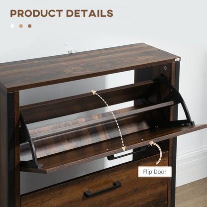 Space-Saving Slim Shoe Cabinet with 2 Flip Doors and 2-Drawer for 12 Pairs, Brown Finish