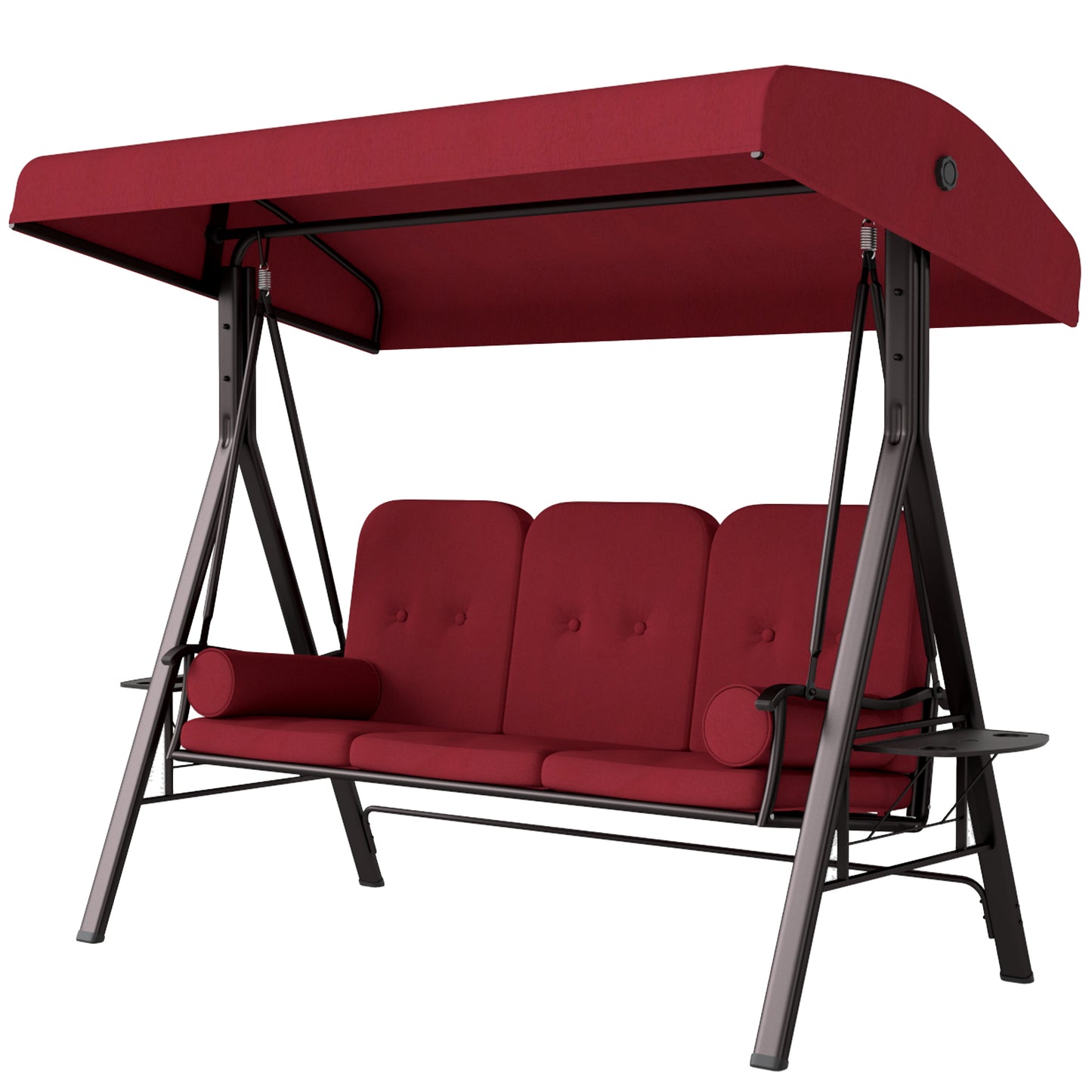 Outdoor Patio 3-Person Steel Canopy Cushioned Seat Bench Swing with Included Side Trays & Padded Comfort, Wine Red Kids Crystal