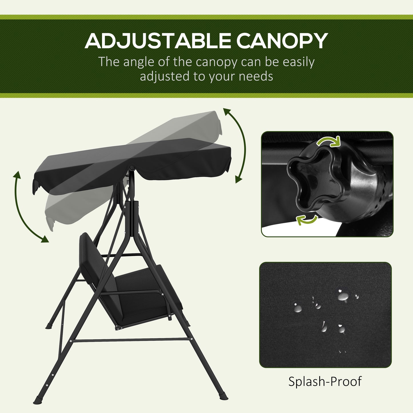 3-Seater Outdoor Porch Swing with Adjustable Canopy, Patio Swing Chair for Garden, Poolside, Backyard, Black Kids Crystal