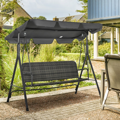 3 Seater Rattan Outdoor Patio Swing with Adjustable Canopy and Stand for Garden Porck Backyard, Grey