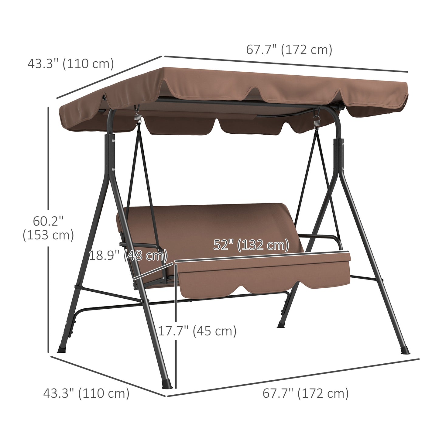 3-Seater Outdoor Porch Swing with Adjustable Canopy, Patio Swing Chair for Garden, Poolside, Backyard, Brown Kids Crystal