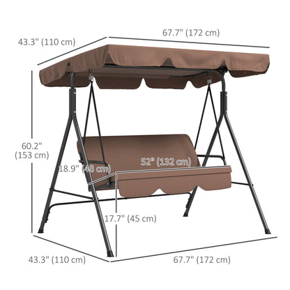 3-Seater Outdoor Porch Swing with Adjustable Canopy, Patio Swing Chair for Garden, Poolside, Backyard, Brown