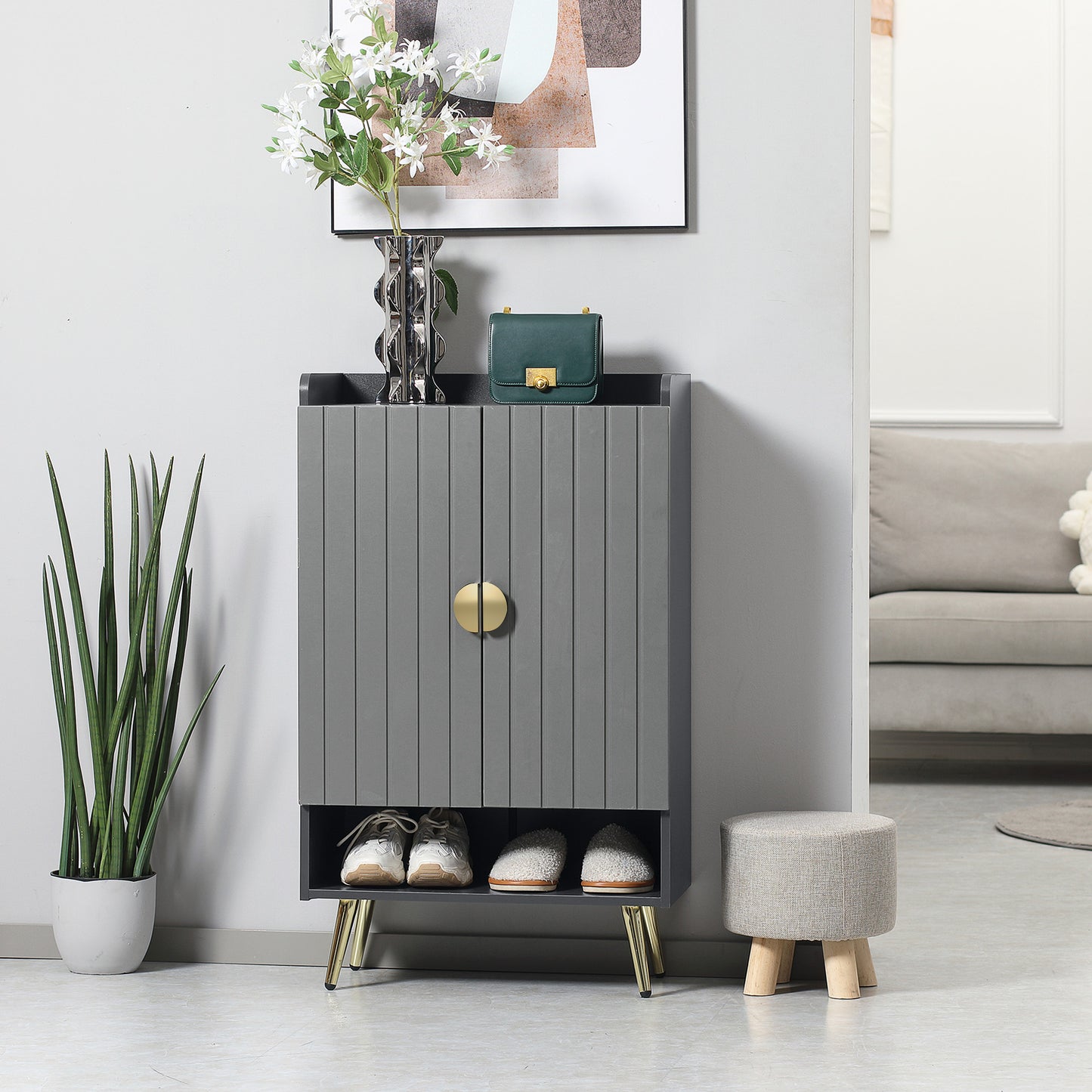 Modern Entryway 15 Pair Shoe Cabinet with 2 Doors Adjustable Shelves, Grey Finish for Stylish Organization | Sleek Design Kids Crystal