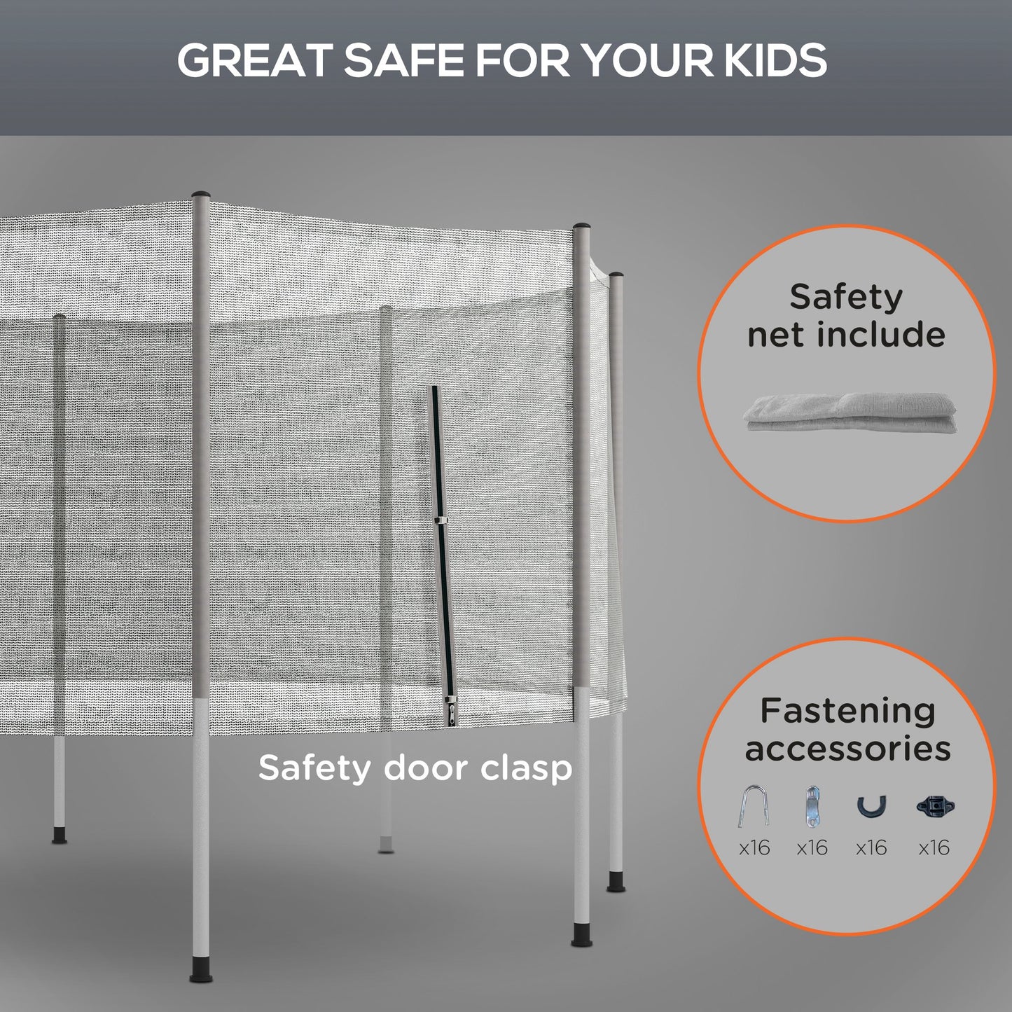 14FT Enclosure Trampolining Bounce Safety Accessories Trampoline Net with 8 Poles, Grey Kids Crystal
