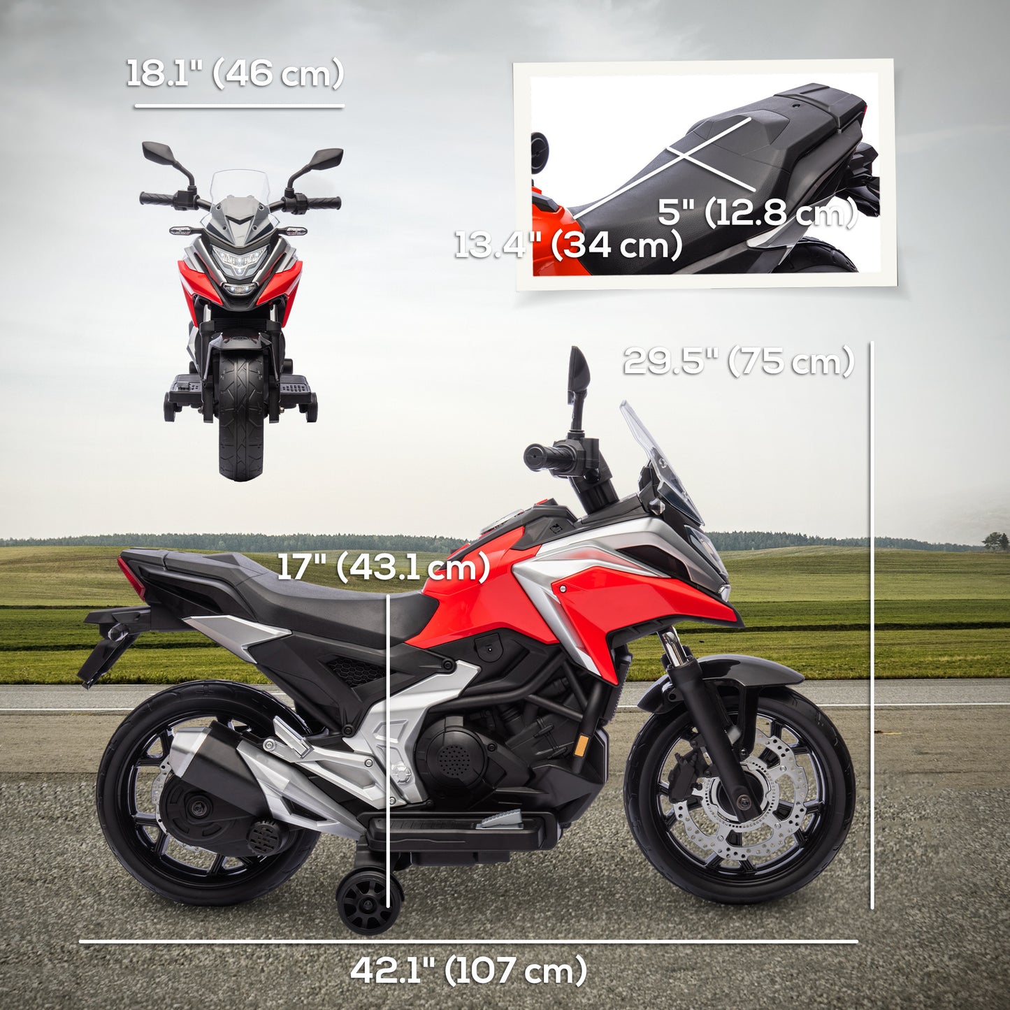 Honda Licensed 12V Ride on Motorbike for Kids with Headlights Music Training Wheels, for 3-6 Years, Red Kids Crystal