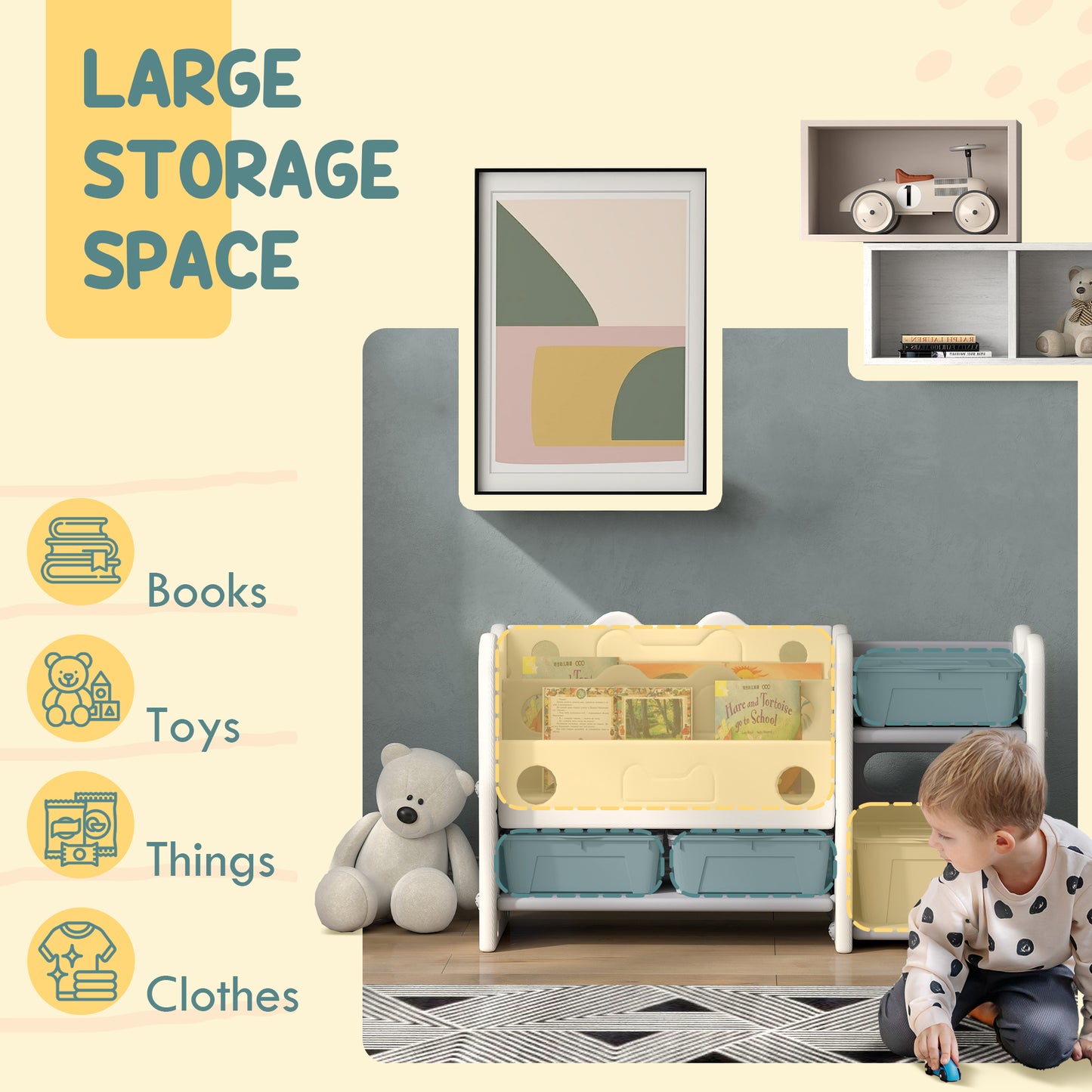 Toy Storage Organizer with 4 Storage Boxes, Bookshelves, for Nursery, Kids Room, Playroom, Cream White Kids Crystal